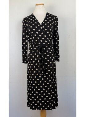 Sade New York Dress Size 8 Stretch Knit Viscose Polka Dot Tie Wrap Black